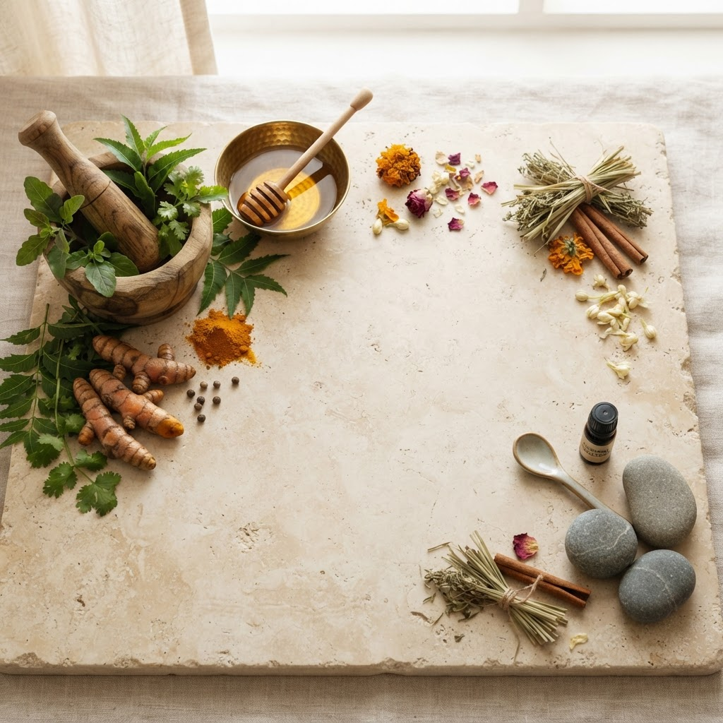 Ayurvedic herbs, turmeric, brass bowls and botanicals arranged on a stone surface